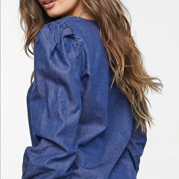 JDY evelyn long sleeve woven smock top in medium blue denim - US 2 - Picture 3 of 11